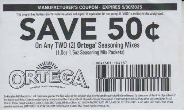 Ortega Taco Seasonings any (2) 5/30/25