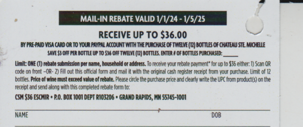 CA - Chateau Ste Michelle rec by 1/20/25 Grand Rapids MN get Paypal or Gift Card Visa