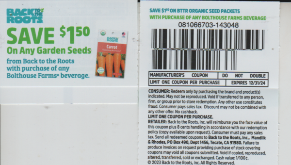 Bolthouse Farms Drink (1) + any Garden Seeds (1)