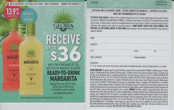 La Gloria Margaritas see states CA + 6/15 Laredo TX