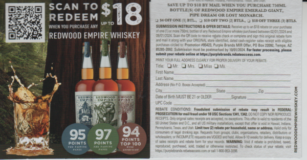 Redwood Empire Whiskey, Monarch pm 2 per HH Tempe AZ