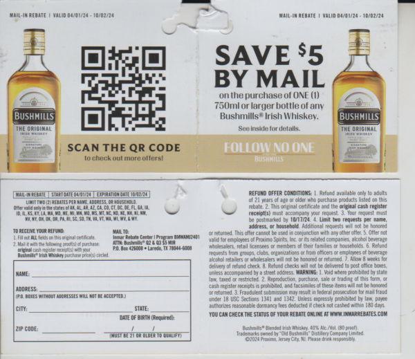 Bushmills pm 10/17 see states CA + 2 per H Laredo TX