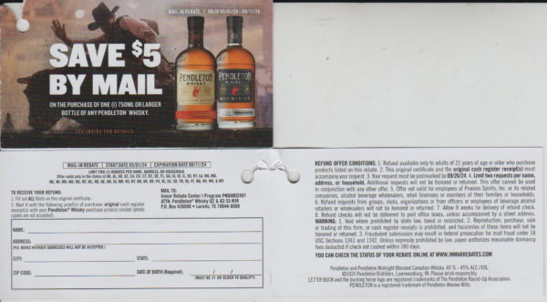 Pendelton Whiskey pm 9/26 see states CA + Laredo TX