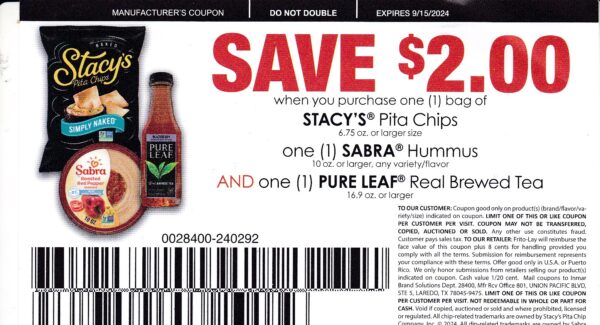 Stacy's Pita Chips, Sabra Hummus, Pure Leaf Tea (3) $2 Coupon