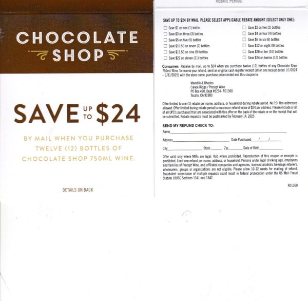 Chocolate Shop wine pm 2/14/25 Tecate CA good all states