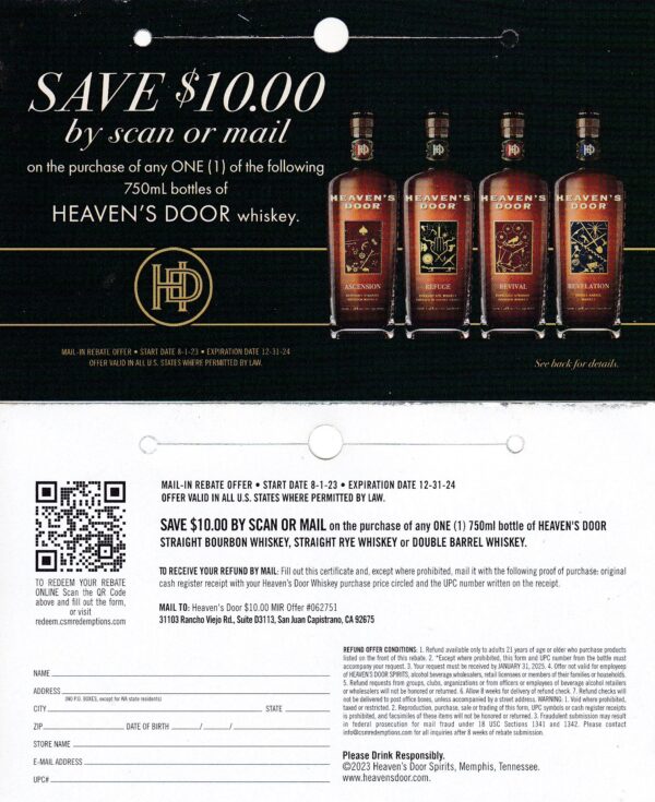 Heaven's Door whiskey rec by 1/31/26 SJC CA
