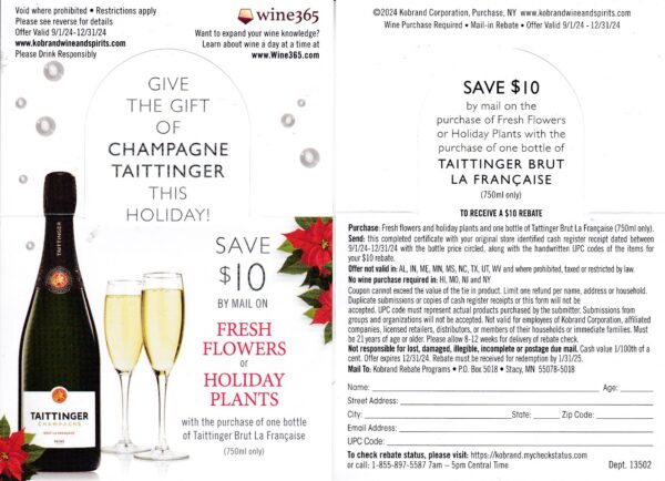 Tattinger Champagne + Flowers or Plants rec by 1/31/26 Stacy MN NWPN some