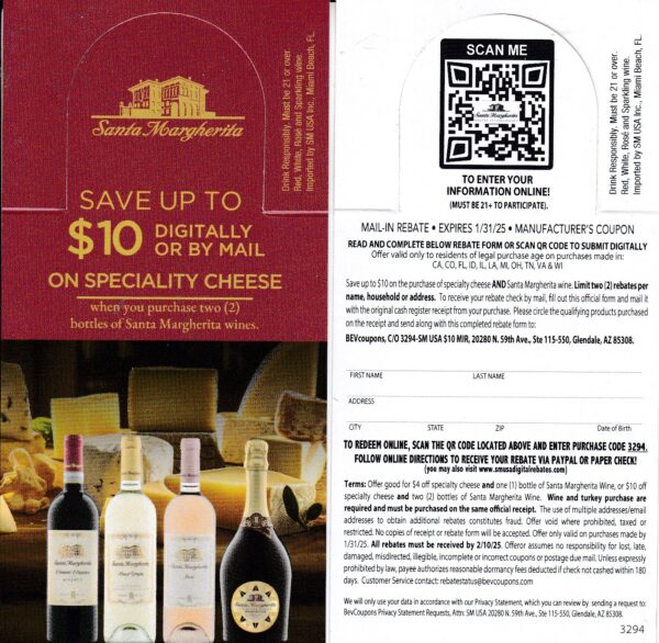 Santa Margarita + Cheese rec by 2/10/25 see states CA + 2 per HH Glendale AZ