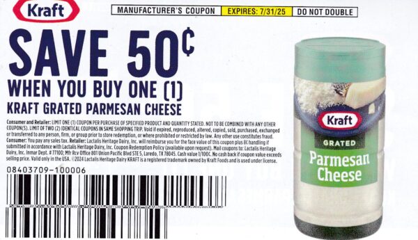 Kraft Parmesan Cheese any size (1) 7/31/25