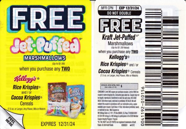 Kellogg’s Rice Krispies Cereals (2) Free Marshmallows $1.59