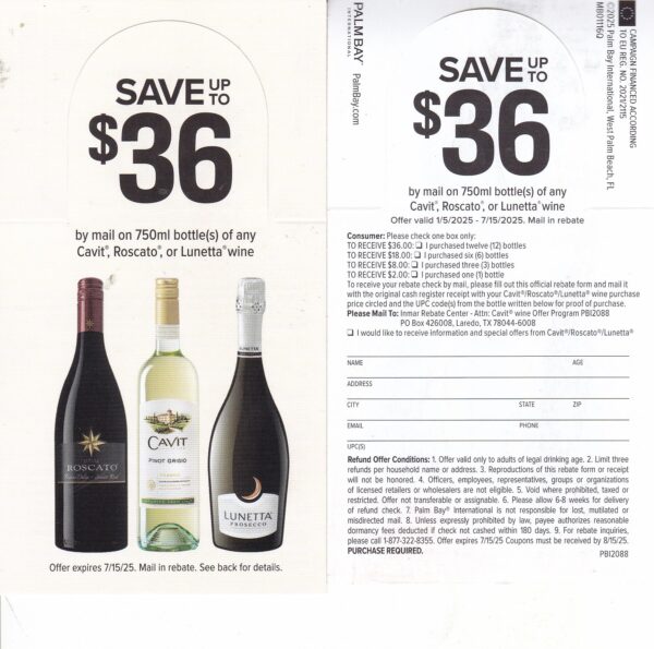 Cavit, Lunetta, Roscato rec by 8/15/25 3 per HH Laredo TX
