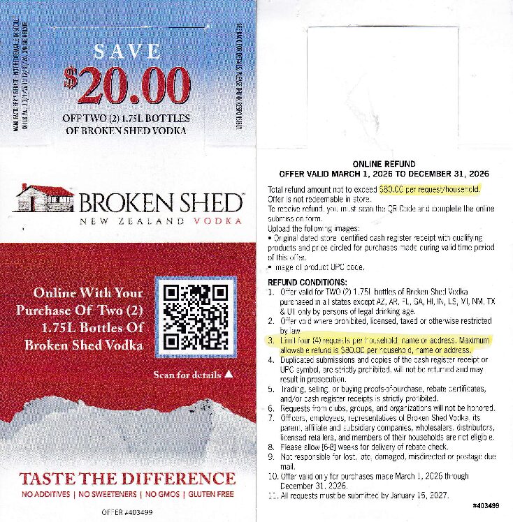 Text/Scan - Broken Shed Vodka see states rec by 1/30/27 4 per HH SJC $20