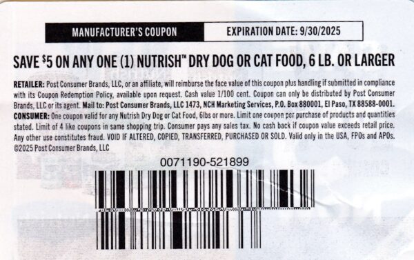Nutrish Cat or Dog Food 6lb & up (1) 9/30/25