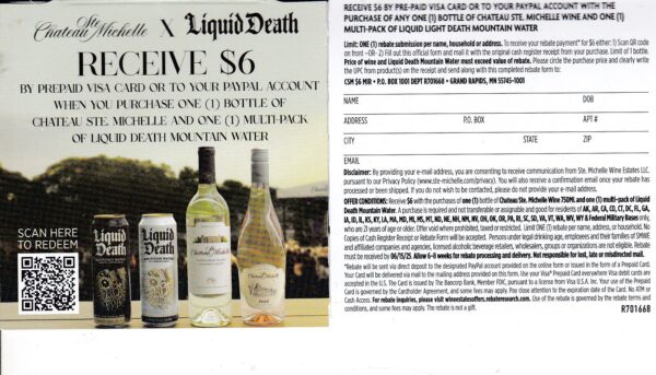 Chateau Ste Michelle Liquid Death see states CA + rec by 6/15/25 GR MN get Paypal or Gift Card Visa