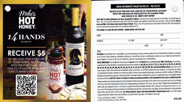 14 Hands + Mike's Honey see states CA + rec by 6/15/25 GR MN get Paypal or Gift Card Visa