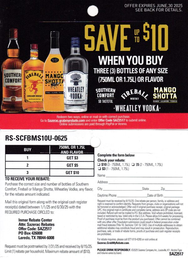 New Fireball, Southern Comfort, Wheatley Vodka pm 7/31/25 Laredo TX $10