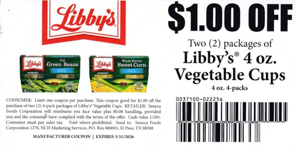 Libby's Veggies 4 oz 4 pks (2) 3/31/26