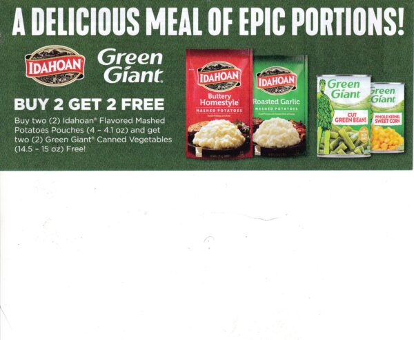 Idahoan mashed potato pouches (4 oz) get 2 Green Giant can veggies Free 8/1/25 Wal-Mart sells $2.18 x2 =$4.36