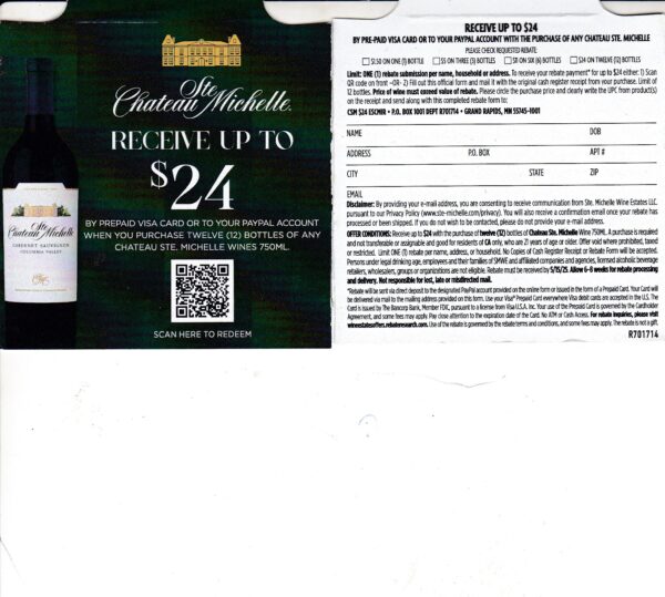 New CA – Chateau Ste Michelle rec by 6/15/25 Grand Rapids MN get Paypal or Gift Card Visa