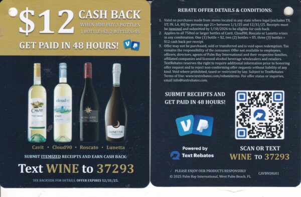 Text/Scan – New Cavit, Cloud 90, Roscato 12/31/25 QR code $12 Paypal or Venmo