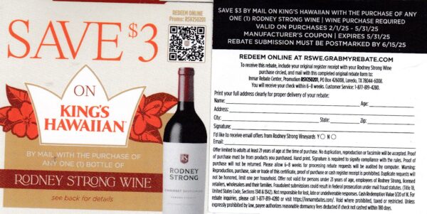 Text/Scan – New Rodney Strong + King Hawaii Rolls 6/15/25 QR code $3 do Online