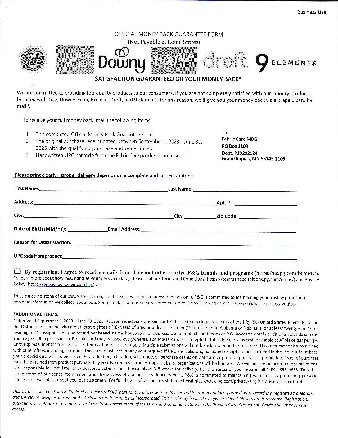 Internet Form – Tide, Gain, Downy, Dreft, 9 Elements MoneyBack Guarantee pm 6/30/25 Gift Card GR MN