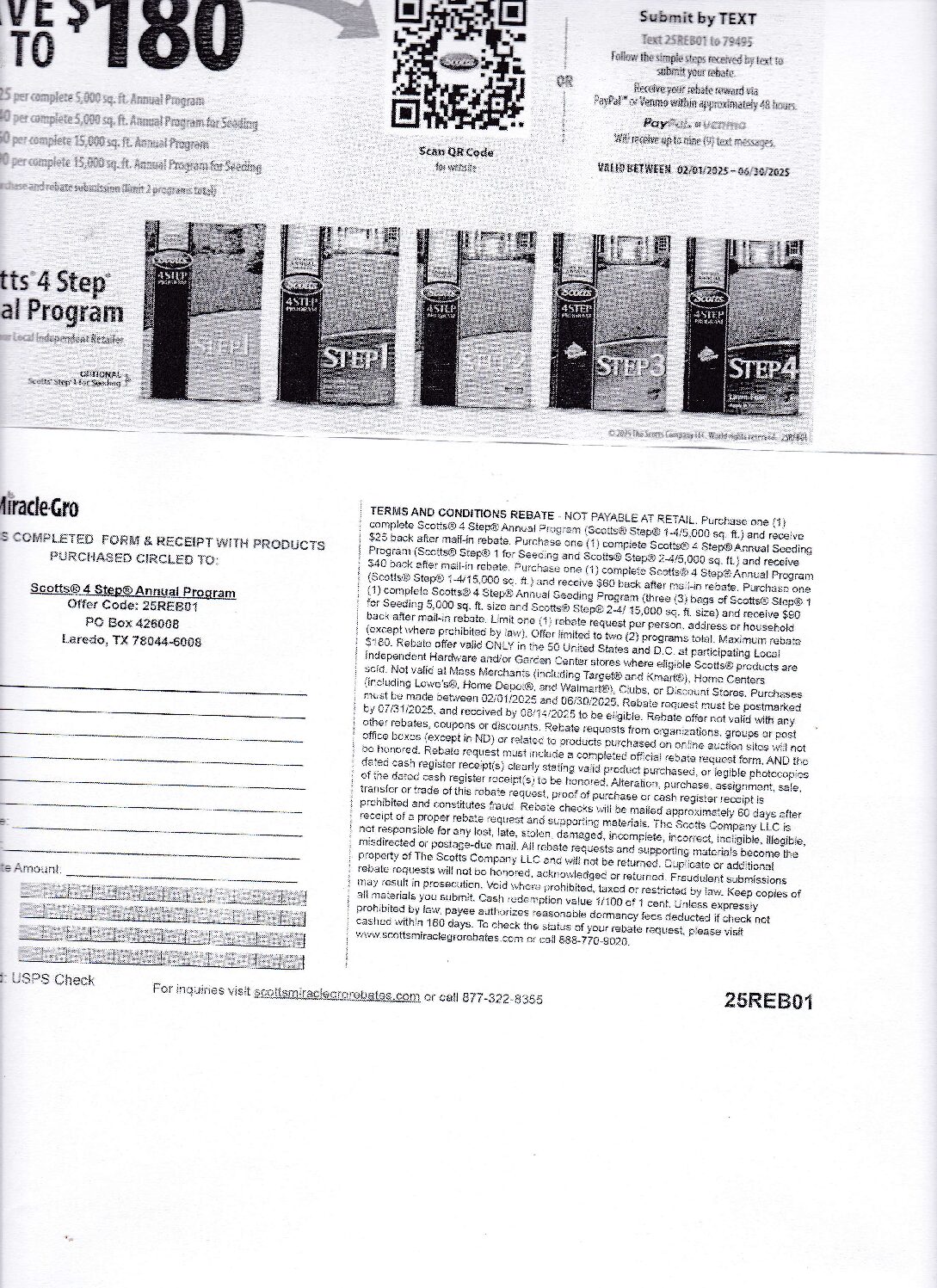 Internet Form- Scotts Lawn 4 Step Annual up to $180 pays PayPal or Venmo pm 7/31/25 Local stores