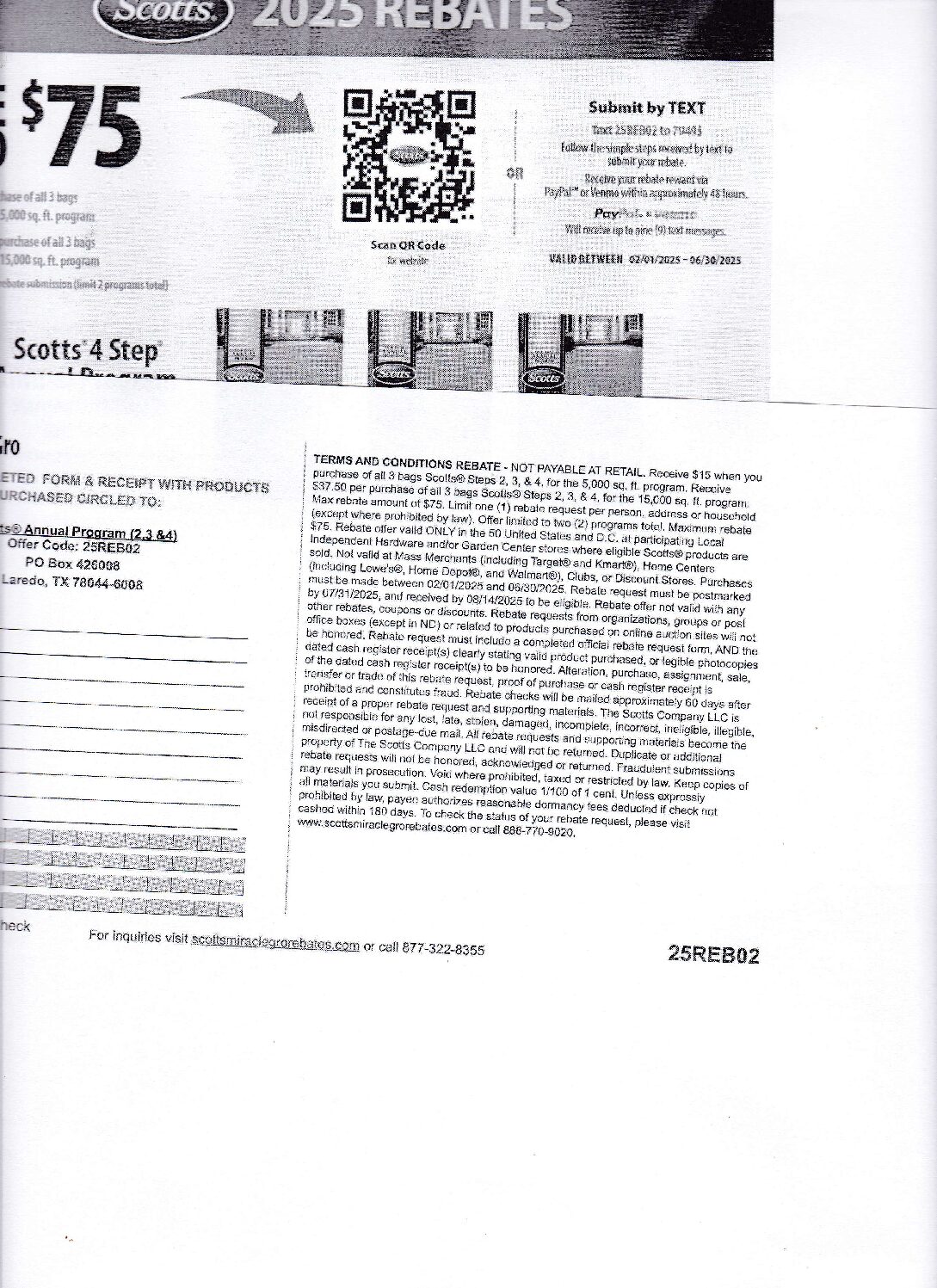 Internet Form- Scotts Lawn 4 Step Annual up to $75 pays PayPal or Venmo pm 7/31/25 Local stores