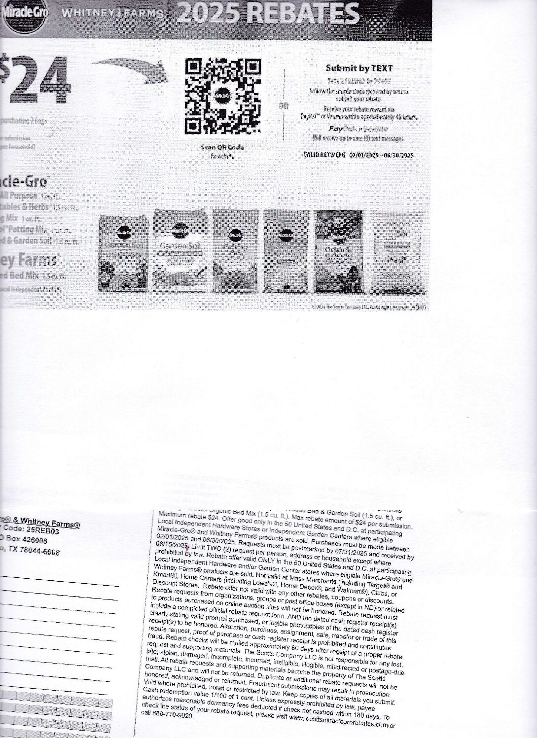 Internet Form- Scott's Miracle Grow up to $25 pays PayPal or Venmo pm 7/31/25 Local stores