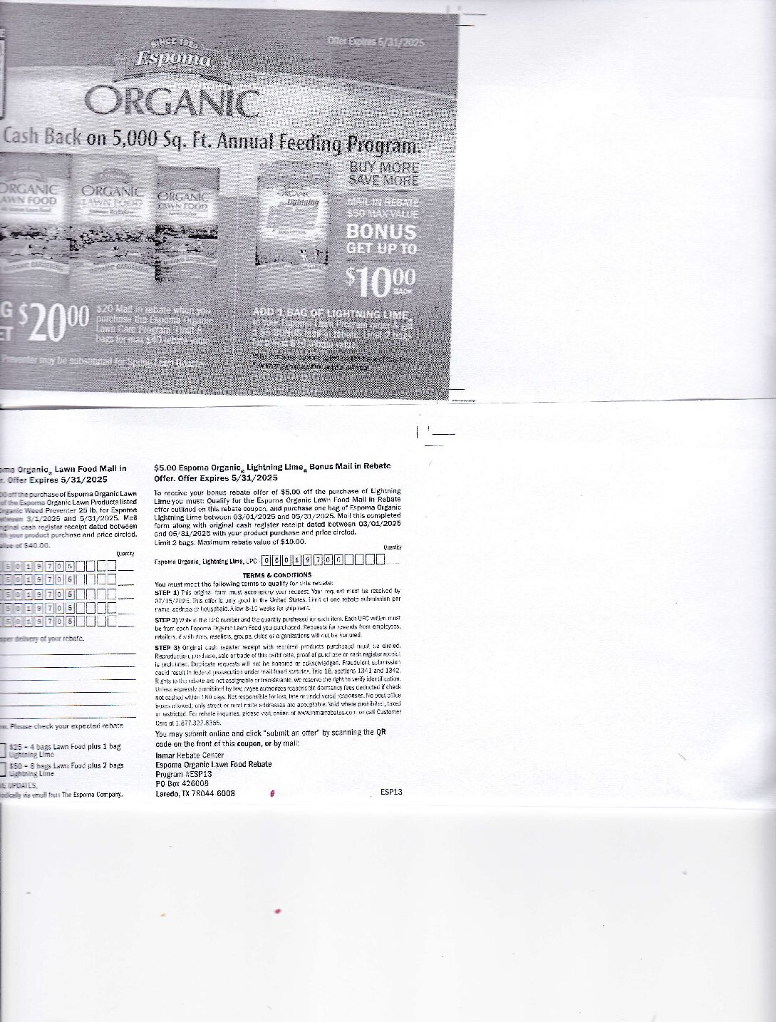 Internet Form - Espoma Organic Lawn up to $50 5/31/25 write upcs