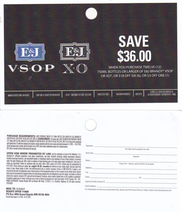 New E&J VSOP, XO write upc crt 5/1-8/31/25 post 9/15/25 $36