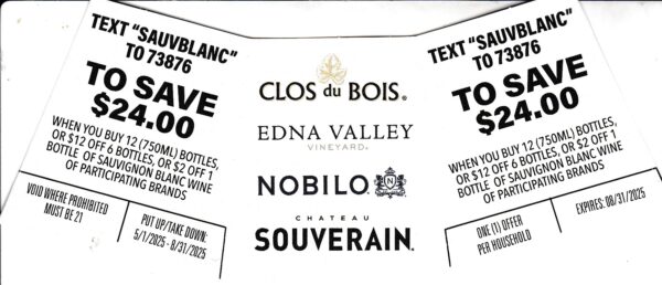Text/Scan – New Clos du Bois, Edna Valley, Nobilio submit by 8/31/25 echeck, Paypal, Venmo $24