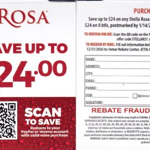 Stella Rosa CA + more pm 1/14/27 2 per HH Laredo TX $24