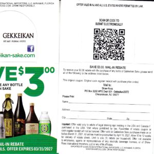 Gekkeikan-Sake crt by 3/31/27 pm 4/15/27 $3