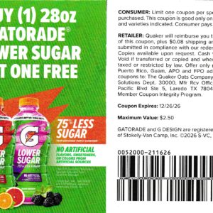 Gatorade Lower Sugar B1G1Free 12/26/26 $2.50 value