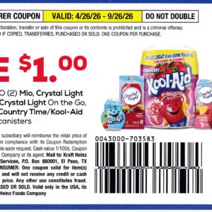 Mio, Crystal Light liquid, Kool-Aid liquid, Crystal Light On the Go, Cystal Light 12 qt, or Country Time Kool-aid 8-12 qt canister 9/26/26