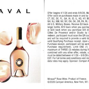 New Miraval wine CA + more upload by 9/8/26 3 per $20