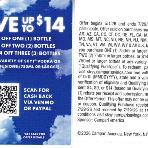 Text/Scan -New Skyy Vodka crt 5/1/26 – 9/29/26 CA + more 3 per HH $7 pays PayPal or Venmo