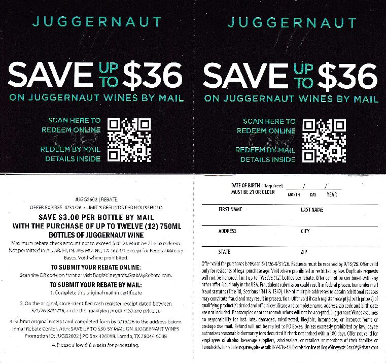 New Juggernaut rec by 9/15/26 3 per HH Laredo TX $36