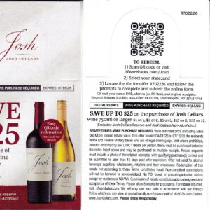 New Josh Cellars CA + pm 7/15/26 GR MN $25