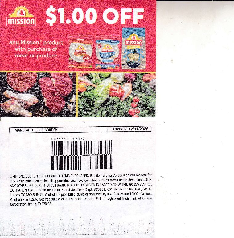Mission Tortilla's (1) + Meat or Produce (1) 12/31/26