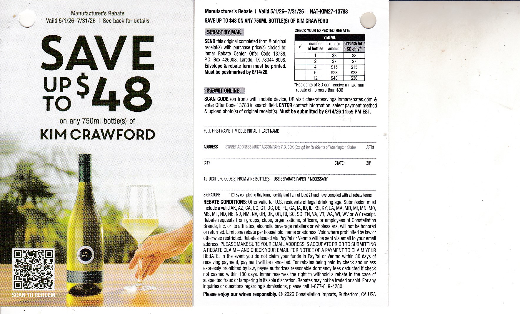 New Kim Crawford CA + pm 8/14/26 Laredo TX $48
