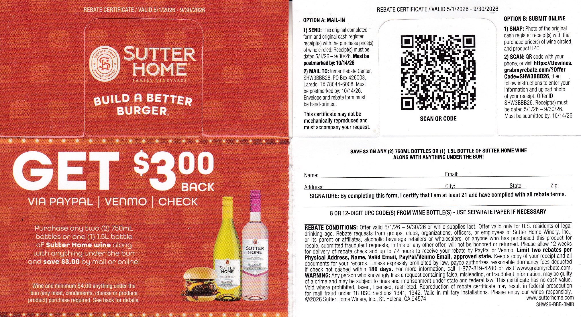 Text/Scan -New Sutter Home 1.5L (2) pm 10/14/26 Laredo TX $3 PayPal Venmo or Check