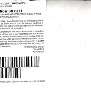 Coppola wine + any Pizza $4 & up 10/31/26