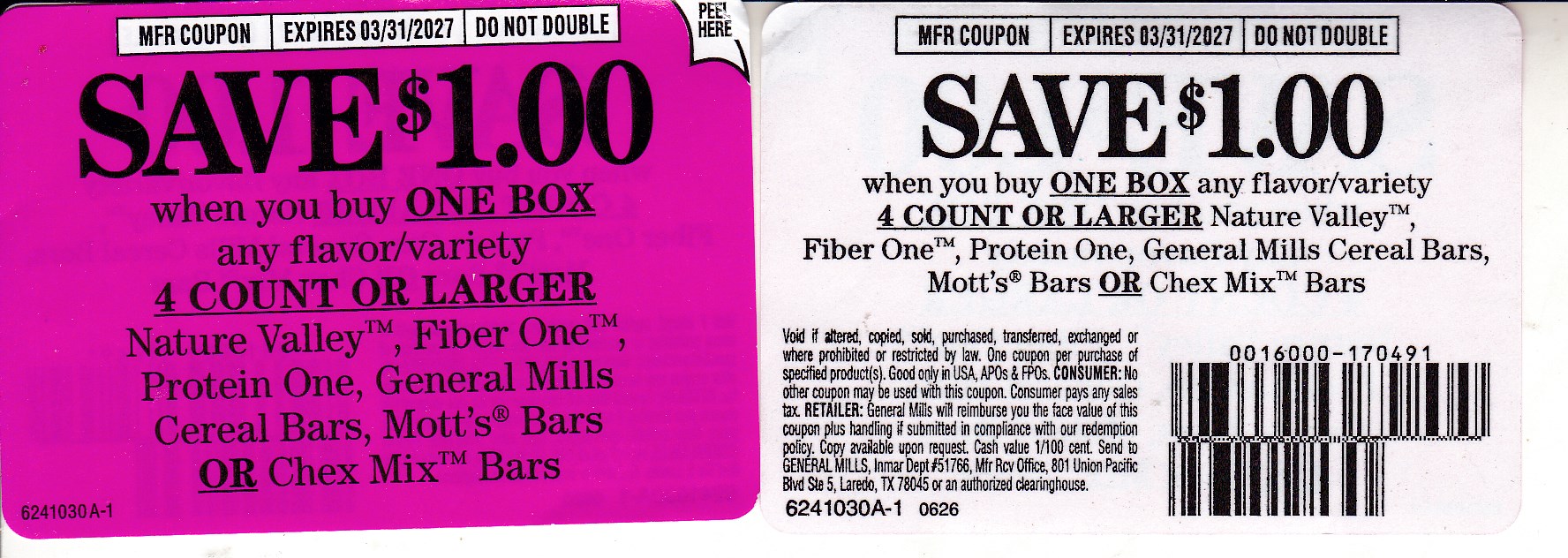 General Mills Nature Valley Mott's or Chex Bars any 1 Box 3/31/27