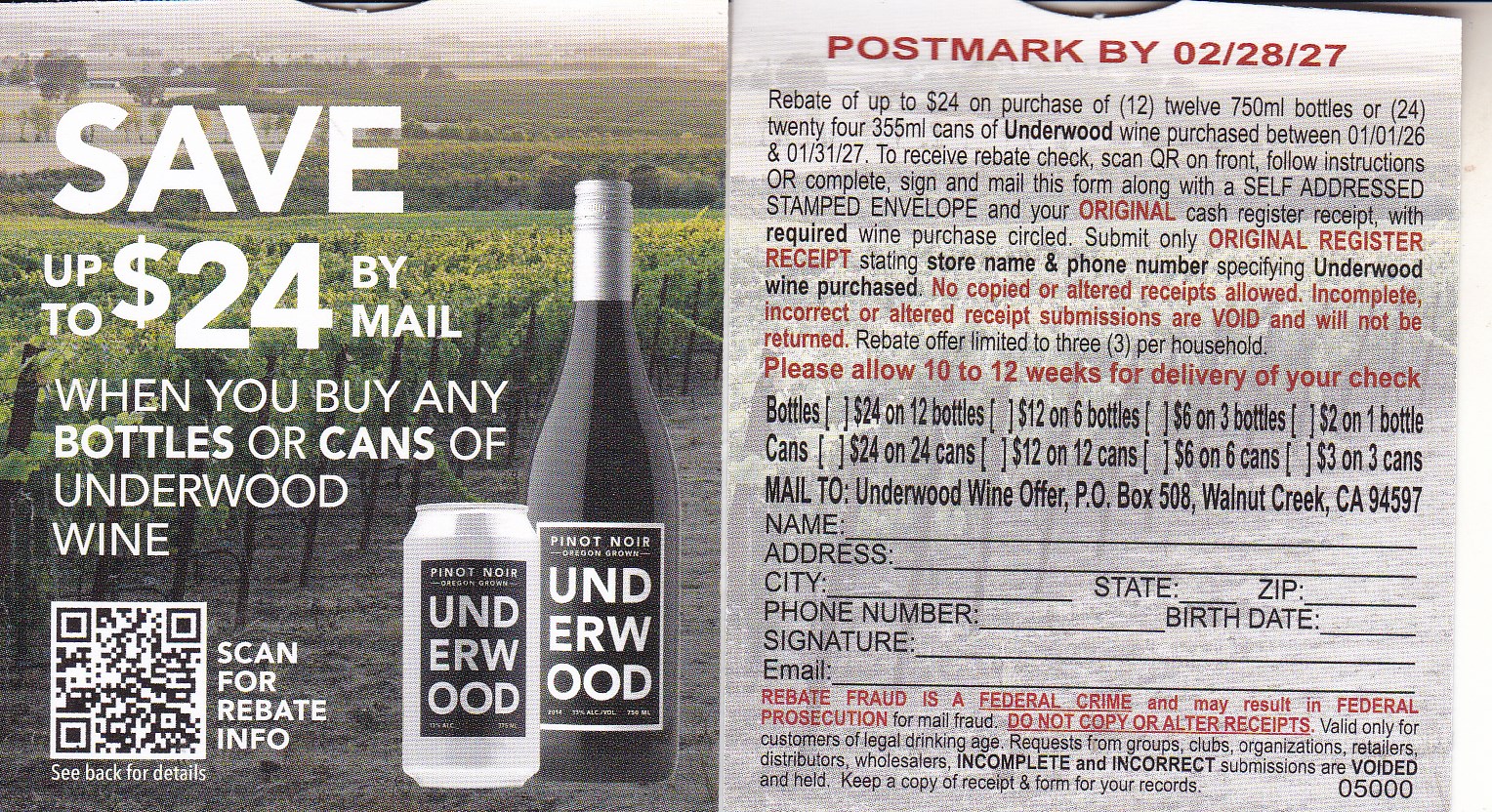 New Underwood pm 1/31/27 3 per HH Walnut Creek CA $24 send SASE or submit online QR code