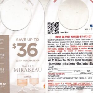 New Mirabeau wine CA + more upload by 7/31/27 3 per $36