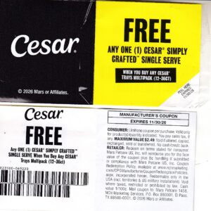 Cesar Dog Food singles 12 pk & up 11/30/26 Free can $2.49