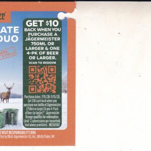 Text/Scan - New Jagermeister Liquor + 6 pk any Beer 11/15/26 $10