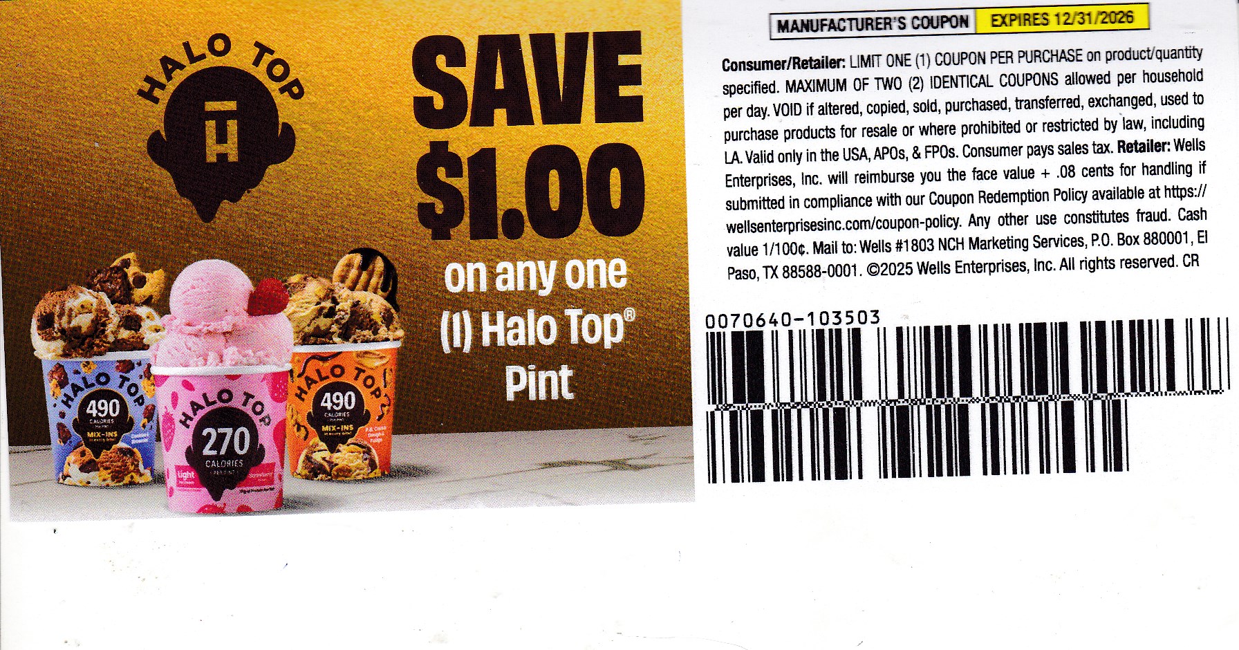 Halo Top Ice Cream pint any (1) 12/31/26